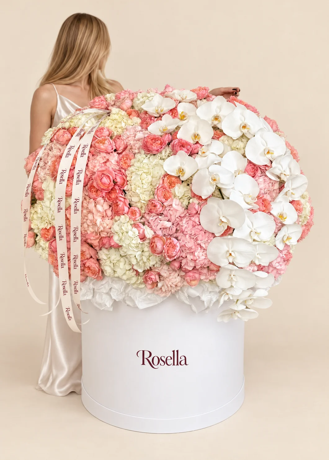 17 cream hydrangeas, 13 pink hydrangeas, 90 spray roses & 31 orchid blooms in a round box