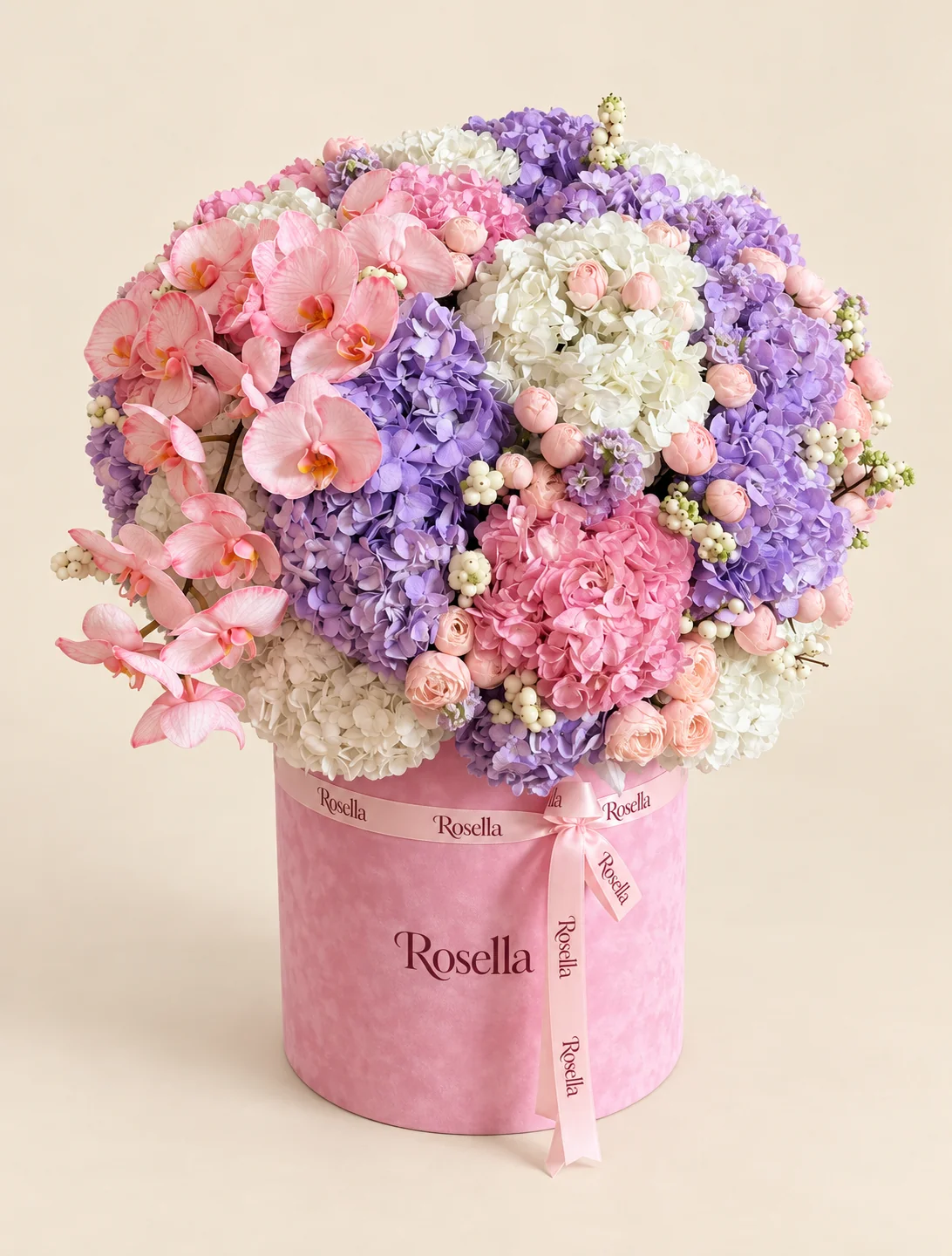 12 lavender hydrangeas, 10 white hydrangeas, 34 spray roses, 18 orchid blooms & 3 pink hydrangeas in a round box