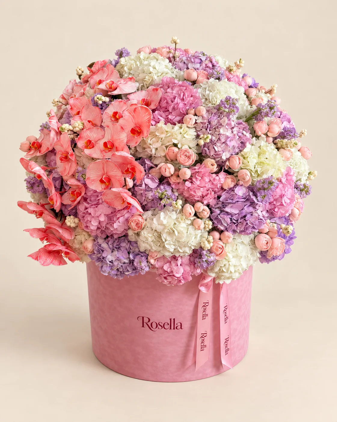 10 cream hydrangeas, 9 lavender hydrangeas, 8 pink hydrangeas, 53 spray roses & 26 orchid blooms in a round box