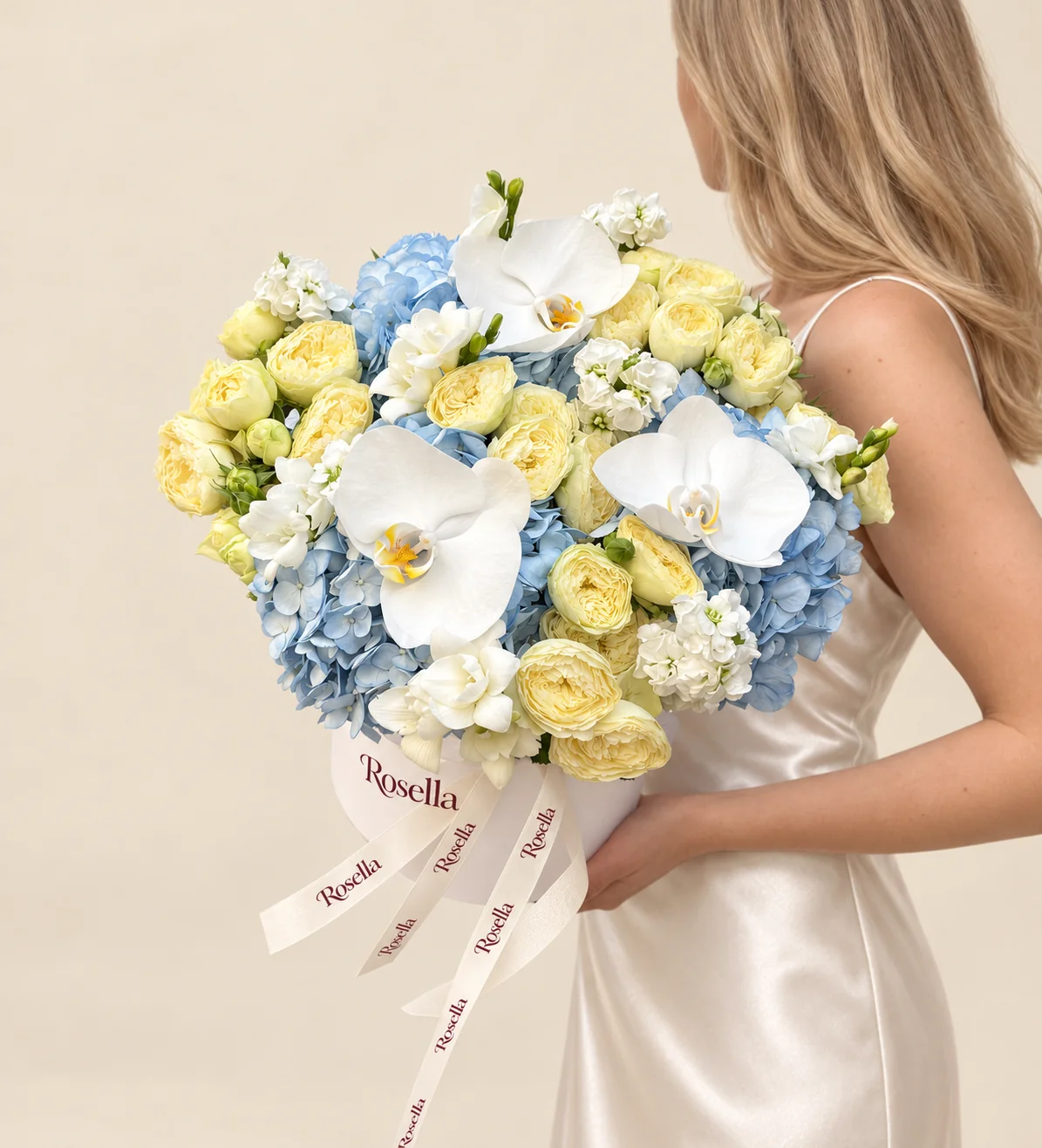 6 hydrangeas, 28 spray roses, 3 stocks, 6 freesias & 3 orchid blooms in a round box