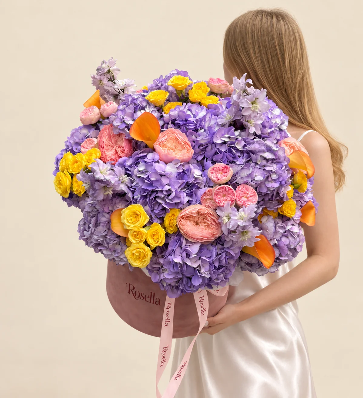 14 hydrangeas, 27 yellow spray roses, 5 garden roses, 3 delphiniums, 7 callas & 10 pink spray roses in a round box
