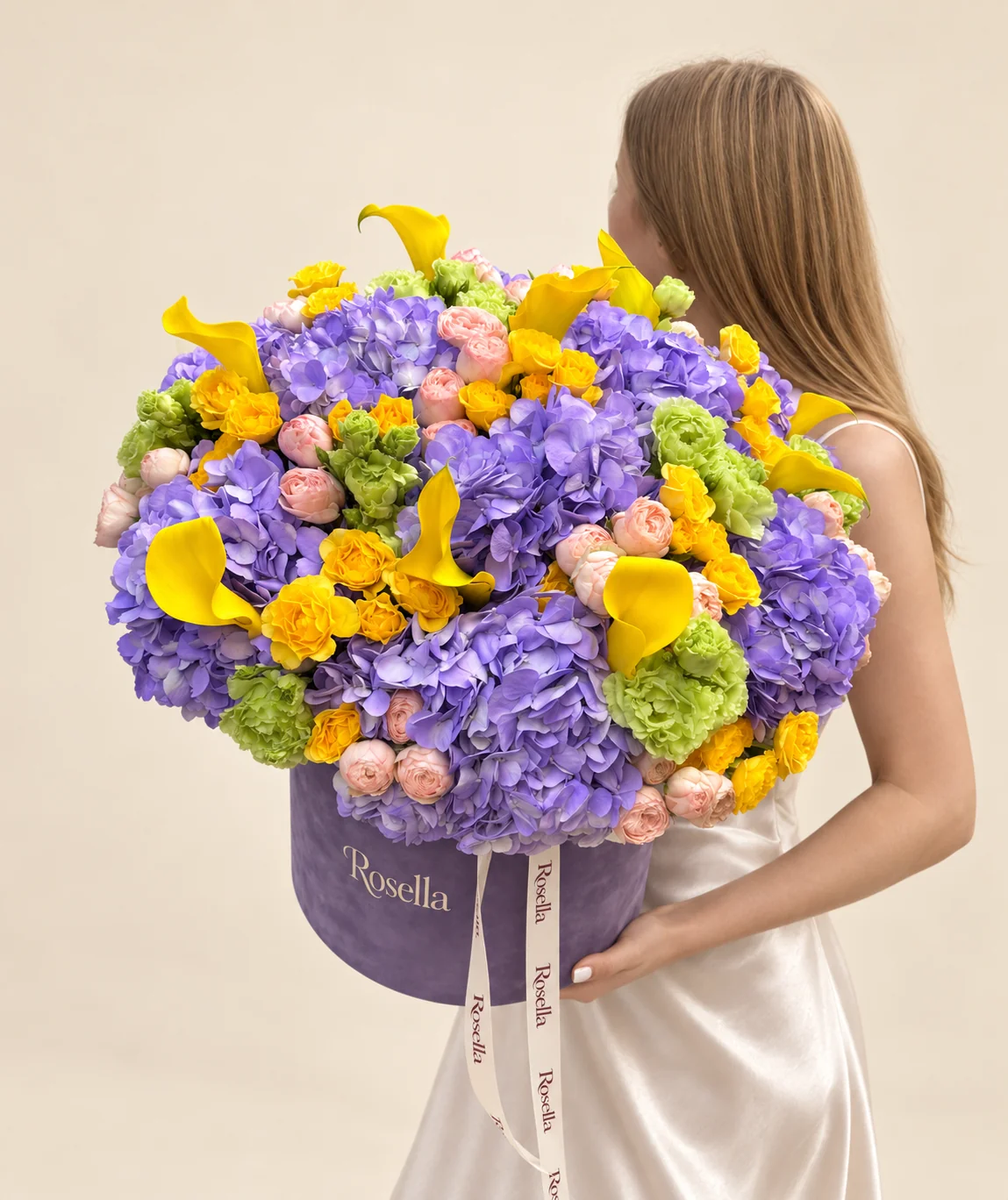 12 hydrangeas, 36 blush spray roses, 35 yellow spray roses, 23 lisianthus blooms & 11 callas in a round box