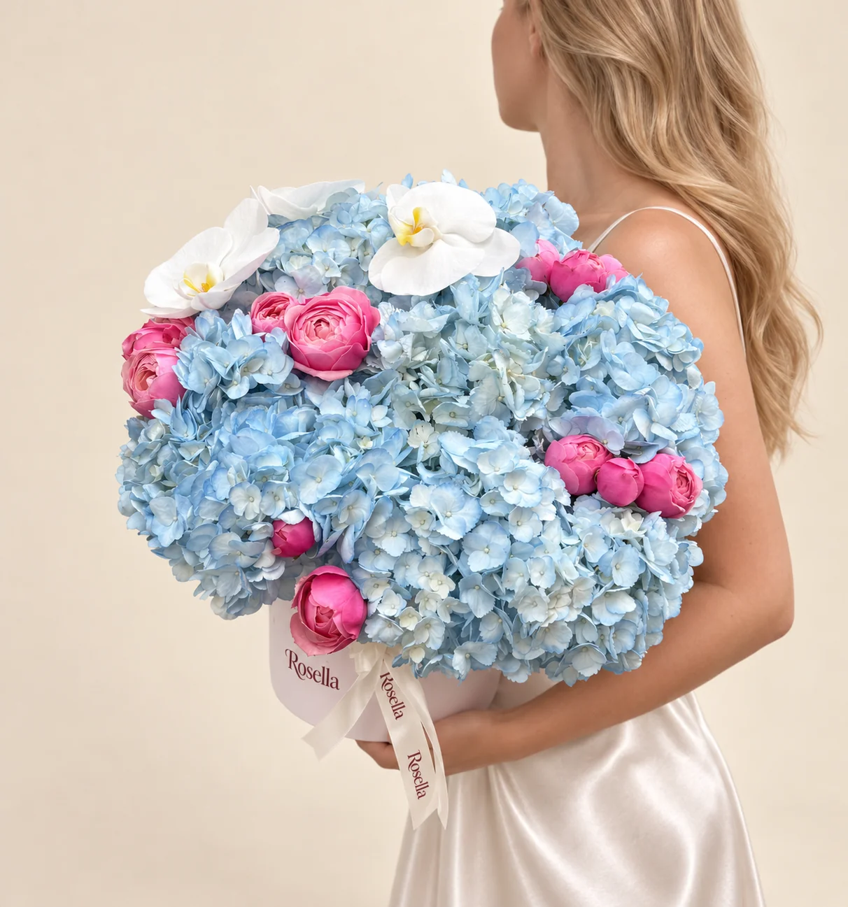 10 hydrangeas, 14 spray roses & 3 orchid blooms in a round box