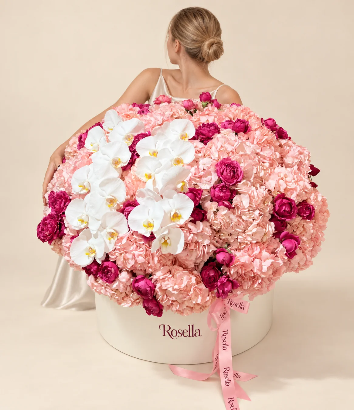 26 hydrangeas, 44 pink spray roses, 18 orchid blooms & 2 pink spray roses in a round box