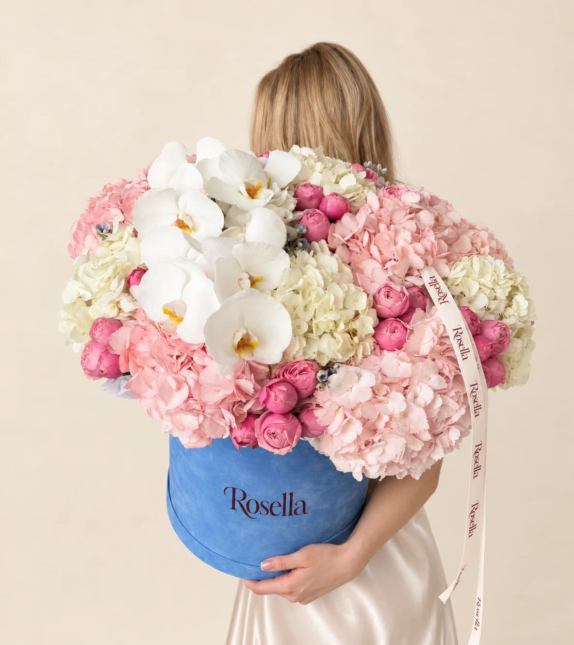 5 pink hydrangeas, 5 ivory hydrangeas, 28 spray roses, 6 orchid blooms & 8 tweedia blooms in a round box