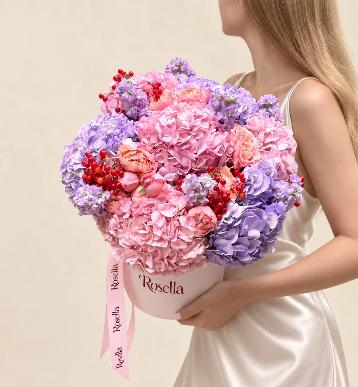 5 pink hydrangeas, 4 lavender hydrangeas, 4 stocks & 12 spray roses in a round box