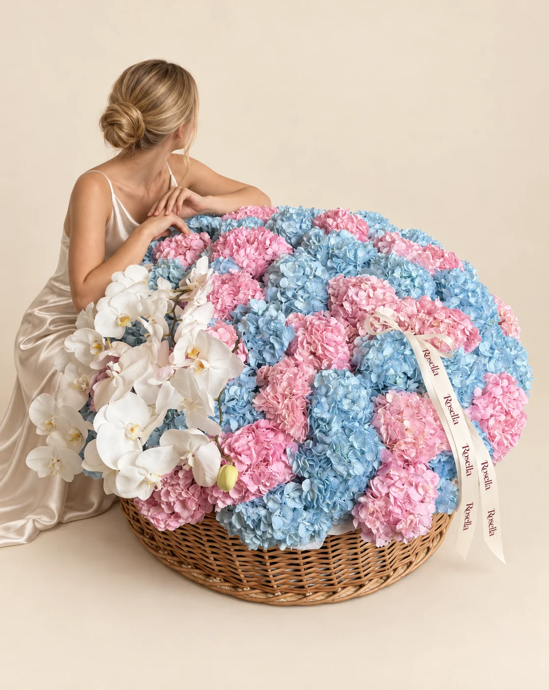 30 blue hydrangeas, 24 pink hydrangeas & 24 orchid blooms in a basket