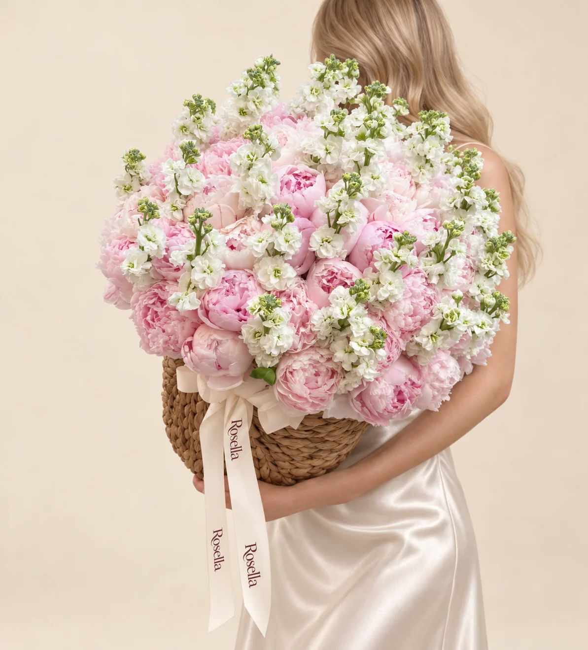 44 peonies & 14 stocks in a basket