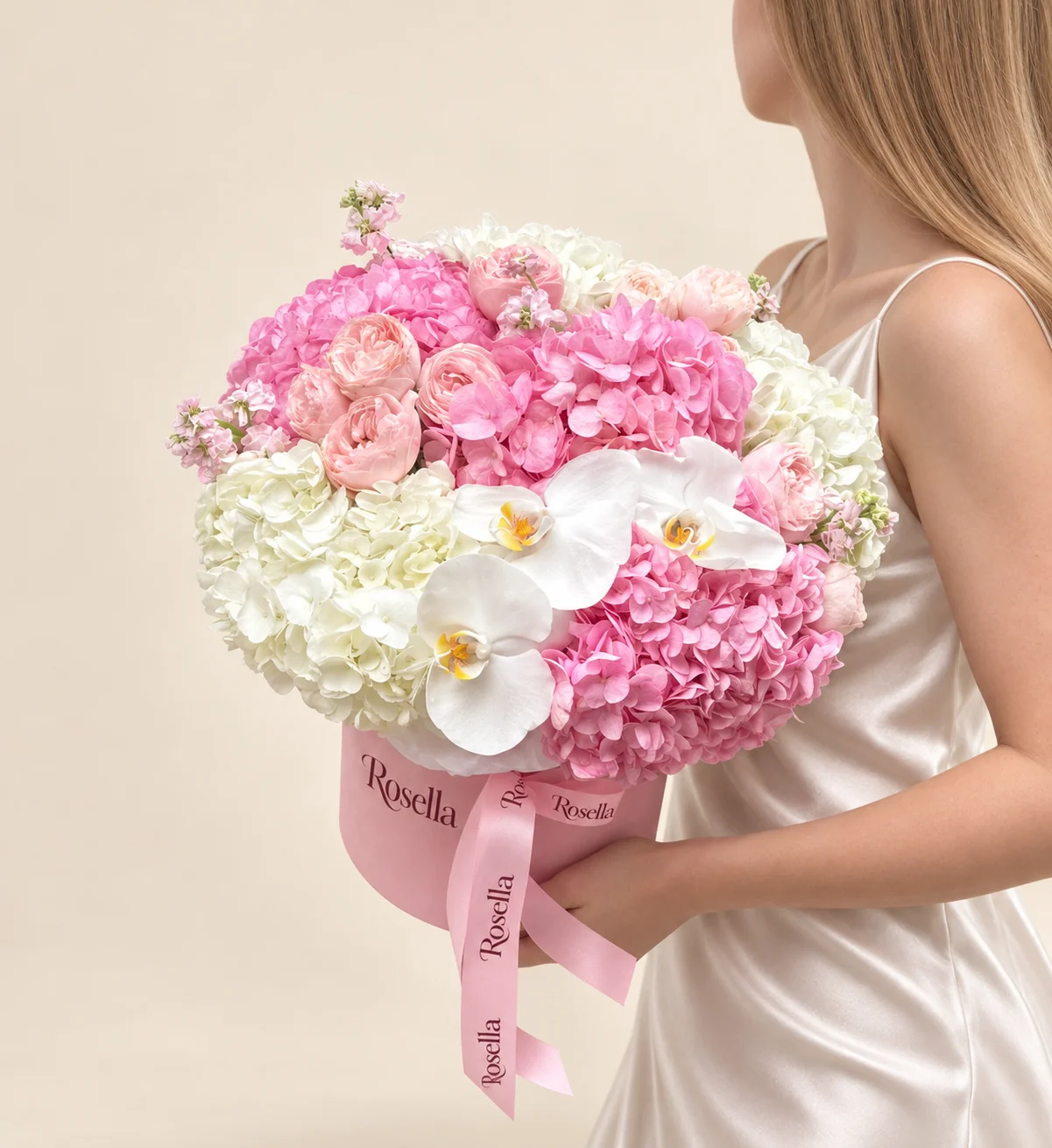 12 garden roses, 4 pink hydrangeas, 4 white hydrangeas, 2 stocks & 3 orchid blooms in a round box
