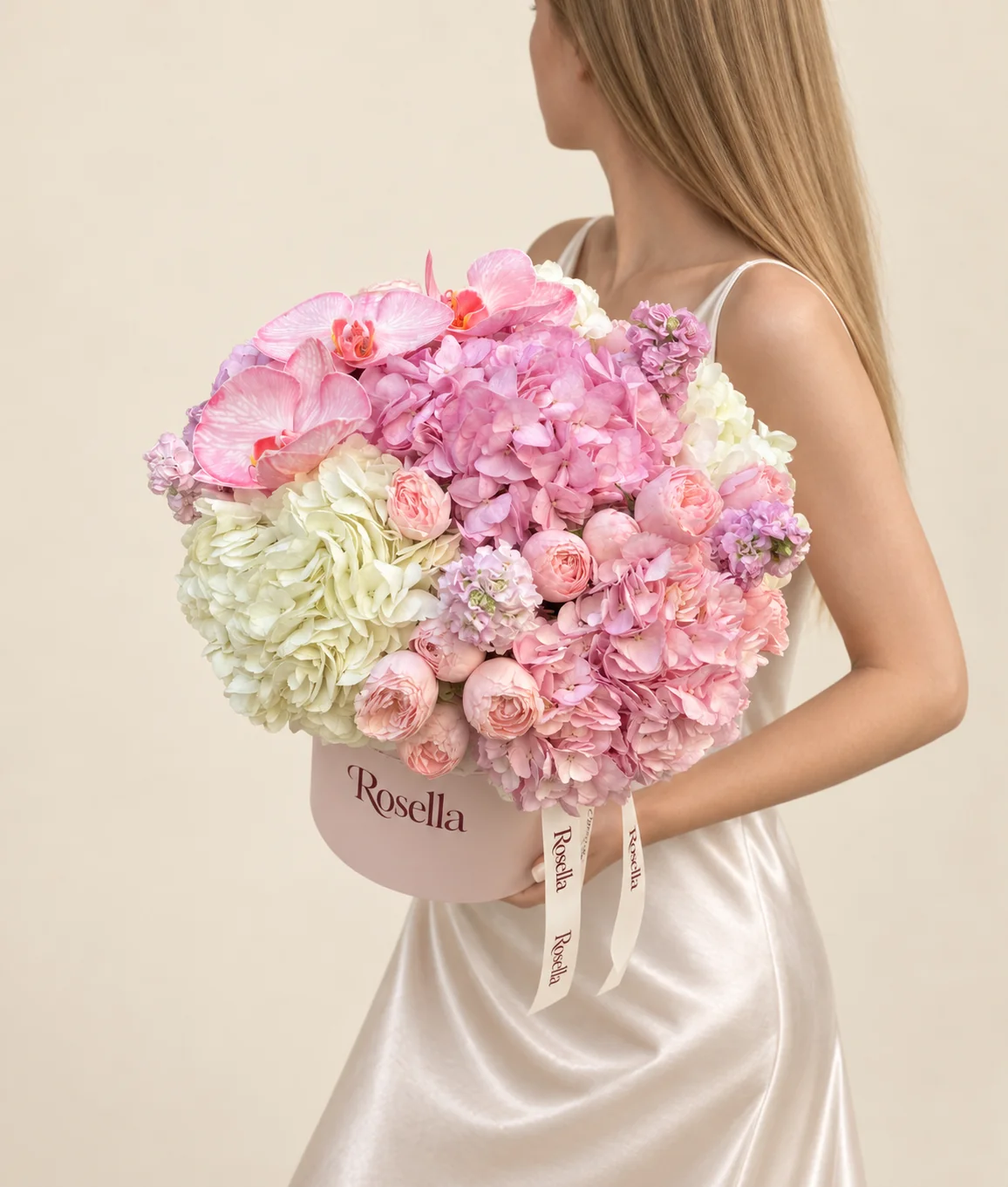 14 garden roses, 5 pink hydrangeas, 5 cream hydrangeas, 3 stocks & 4 orchid blooms in a round box