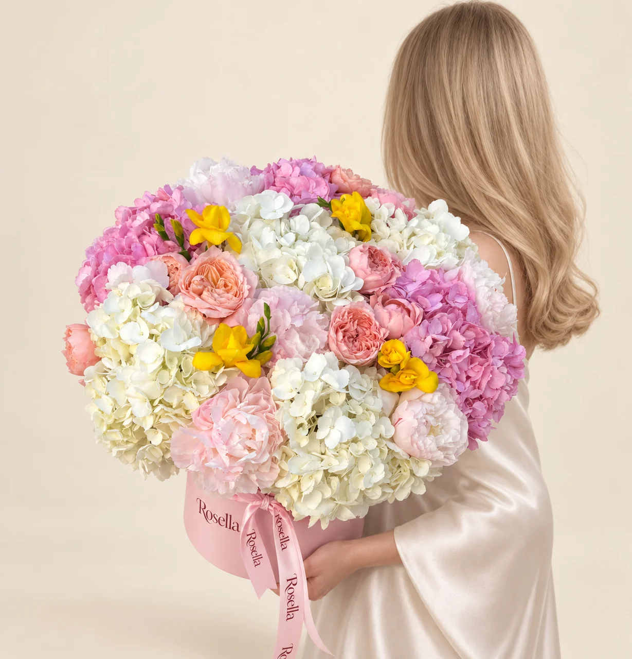 6 white hydrangeas, 5 pink hydrangeas, 5 peach garden roses, 5 pink garden roses, 4 blush peonies, 2 white peonies & 2 freesias in a round box