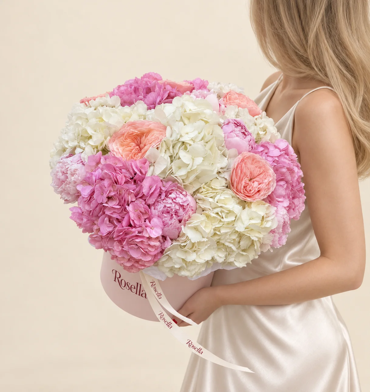 6 white hydrangeas, 5 pink hydrangeas, 6 garden roses & 4 peonies in a round box
