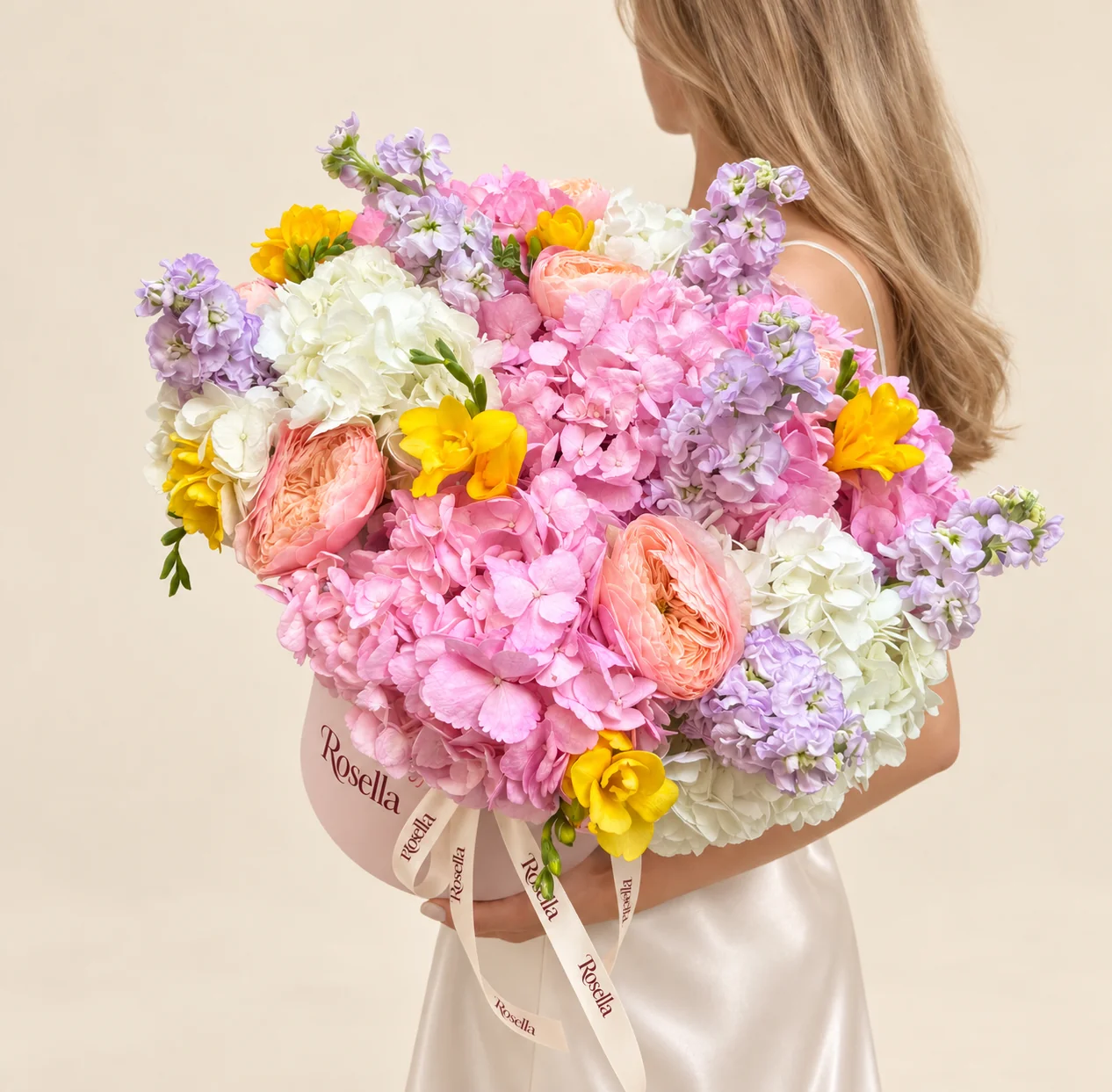 6 pink hydrangeas, 5 white hydrangeas, 8 garden roses, 5 stocks & 5 freesias in a round box