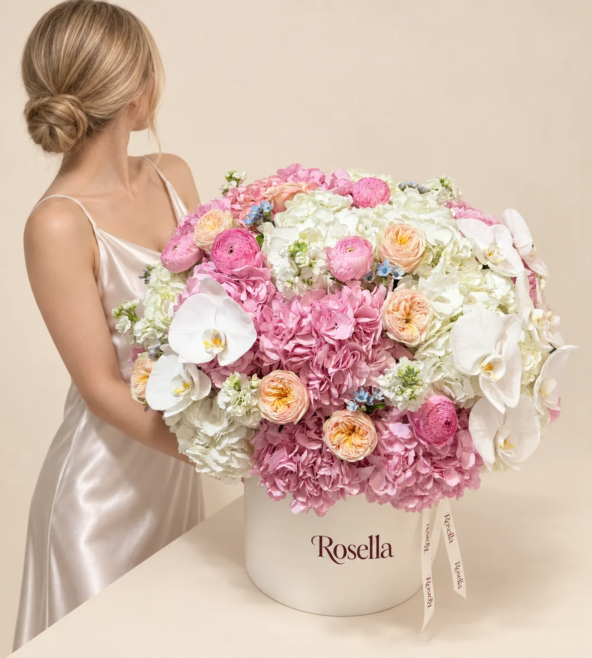 9 pink hydrangeas, 6 white hydrangeas, 9 garden roses, 10 orchid blooms, 3 stocks, 6 ranunculus & 18 tweedia blooms in a round box