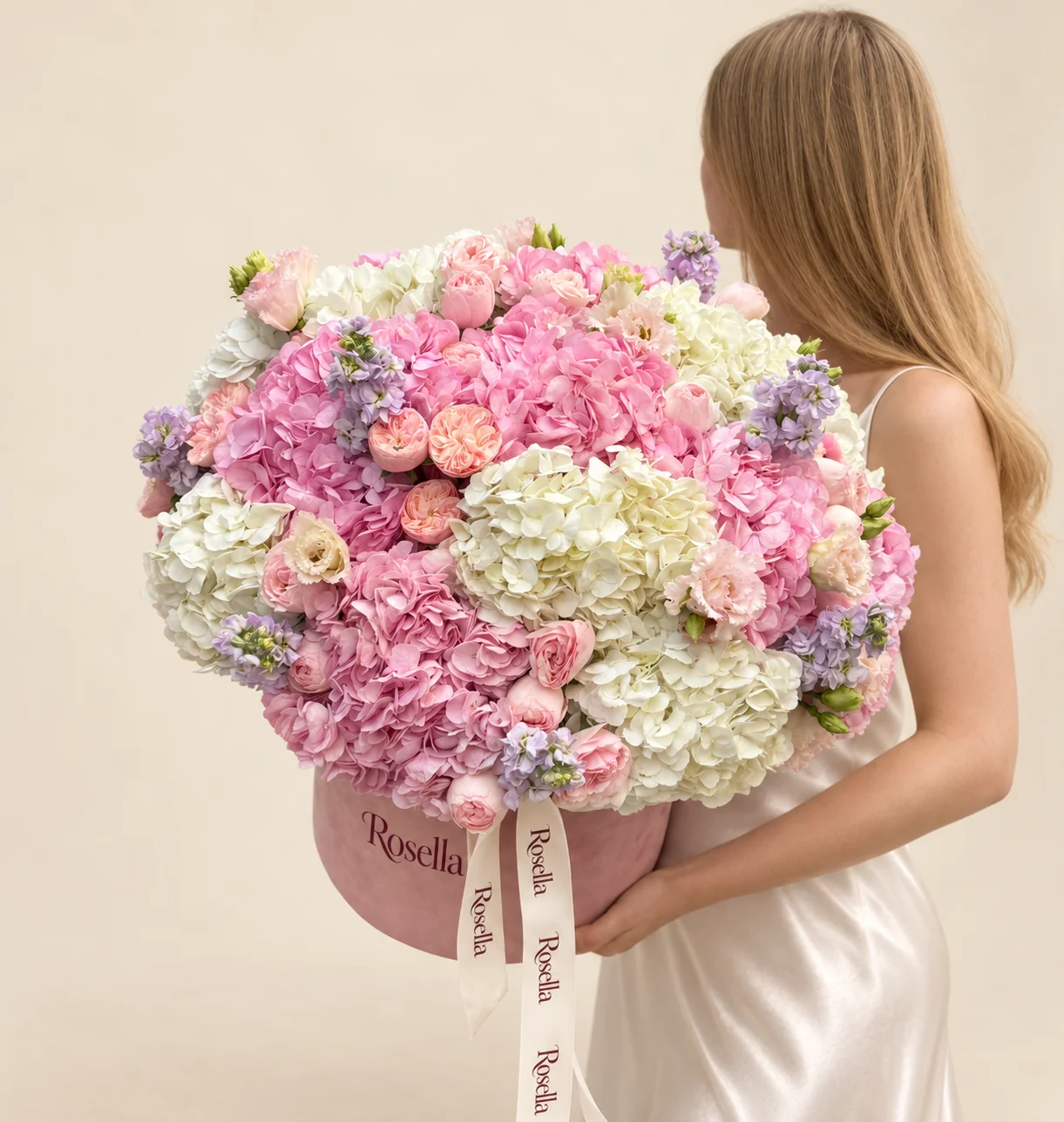9 pink hydrangeas, 8 white hydrangeas, 16 blush garden roses, 6 peach garden roses, 5 stocks & 15 lisianthus blooms in a round box
