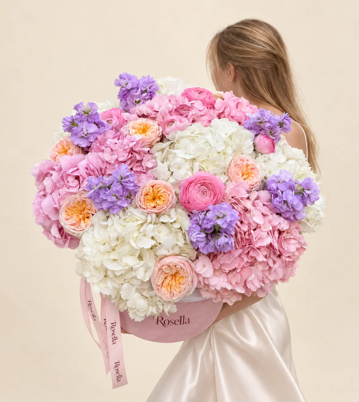 8 white hydrangeas, 7 pink hydrangeas, 7 garden roses, 5 stocks & 8 ranunculus in a round box