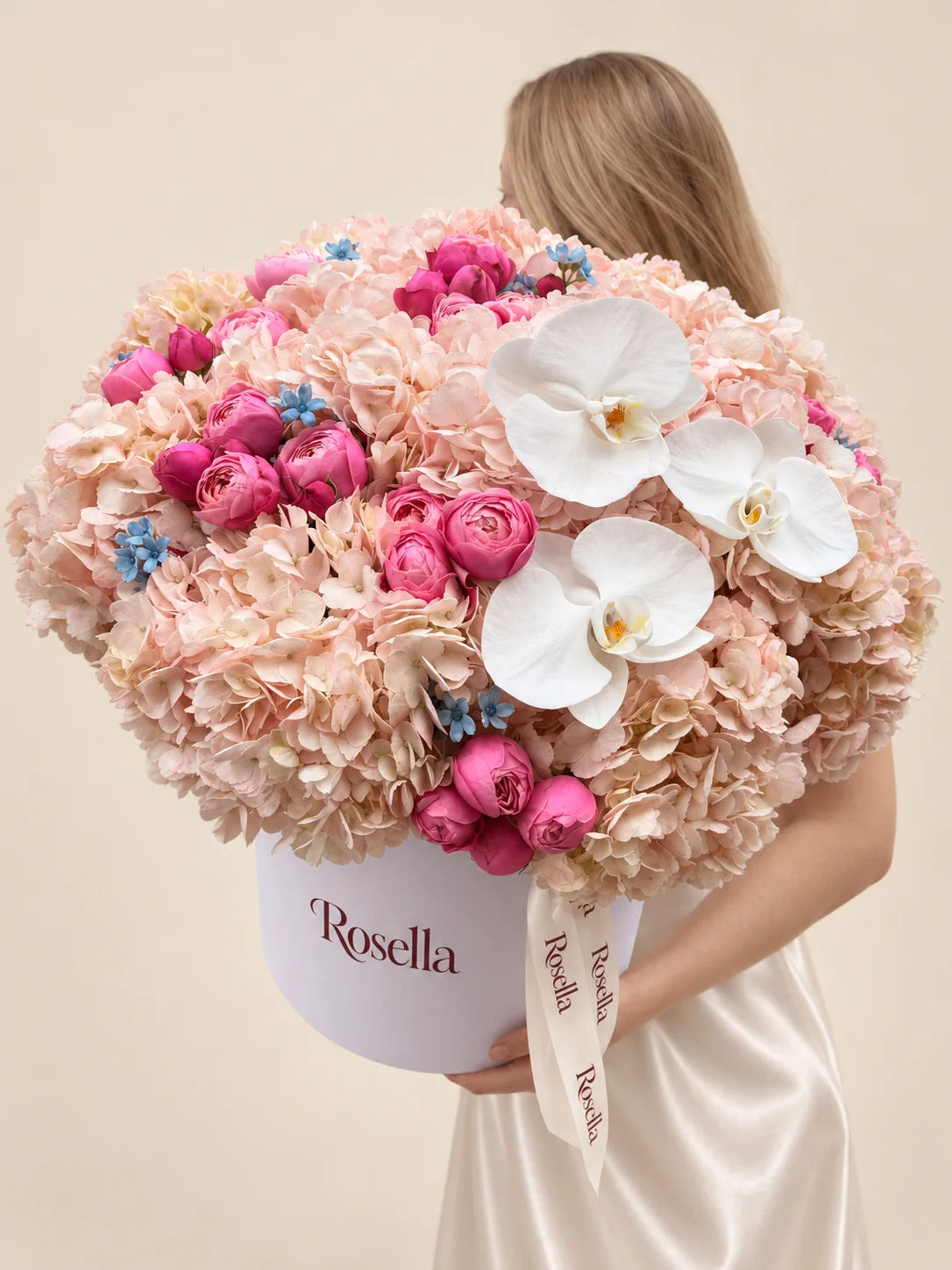 11 hydrangeas, 30 spray roses, 24 tweedia blooms & 3 orchid blooms in a round box