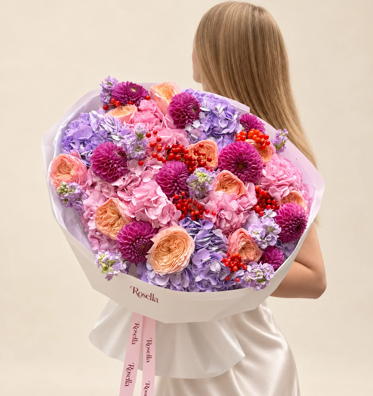 7 pink hydrangeas, 5 lavender hydrangeas, 12 garden roses, 11 dahlias & 4 stocks in a hand-tied bouquet