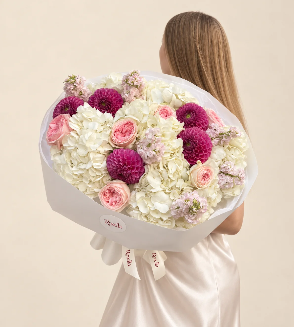 10 hydrangeas, 7 garden roses, 6 dahlias & 5 stocks in a hand-tied bouquet