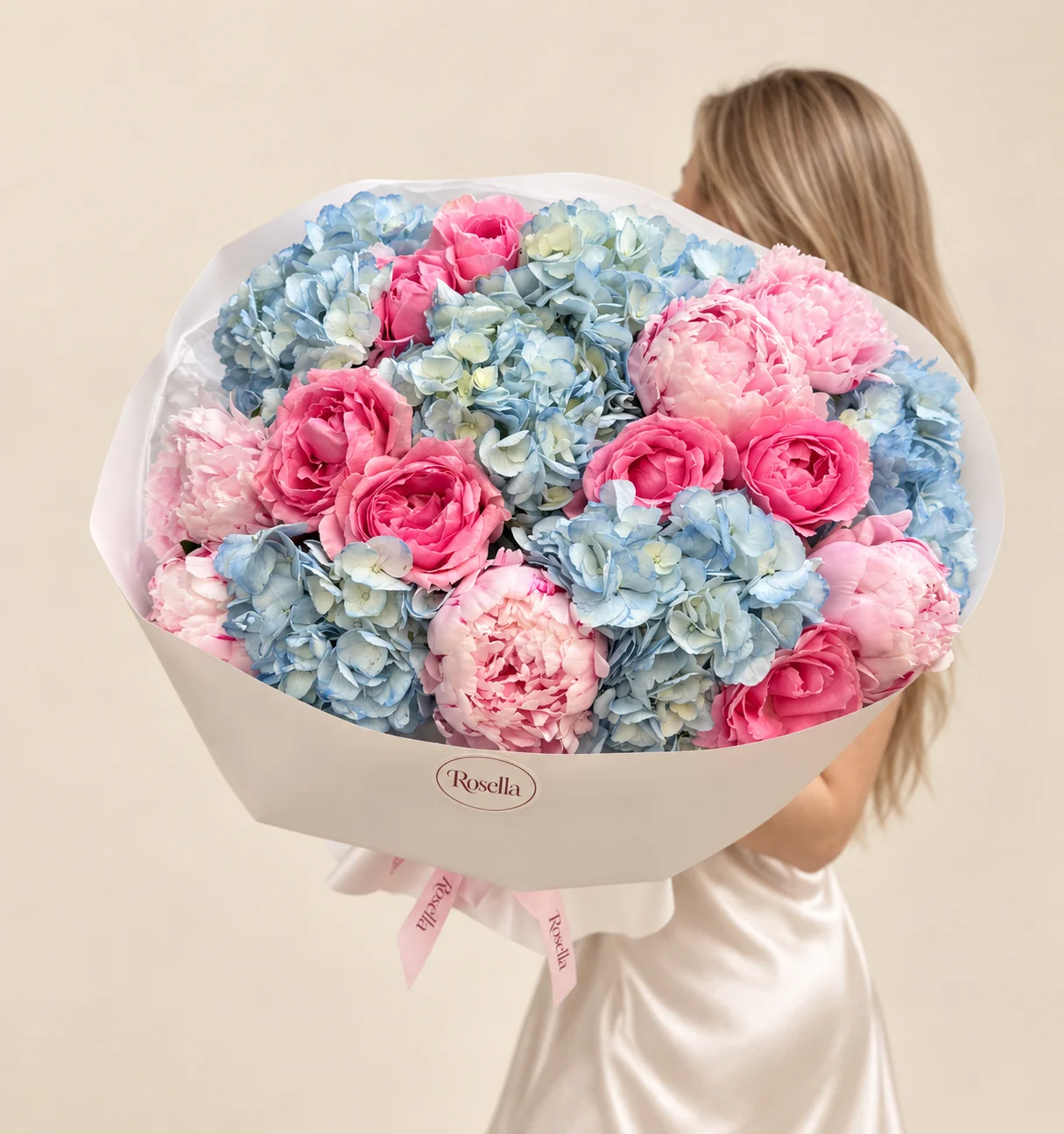 7 hydrangeas, 7 peonies & 8 garden roses in a hand-tied bouquet