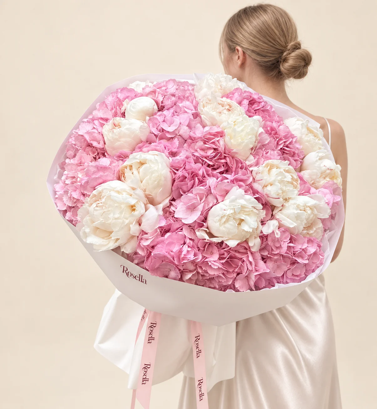 12 hydrangeas & 15 peonies in a hand-tied bouquet