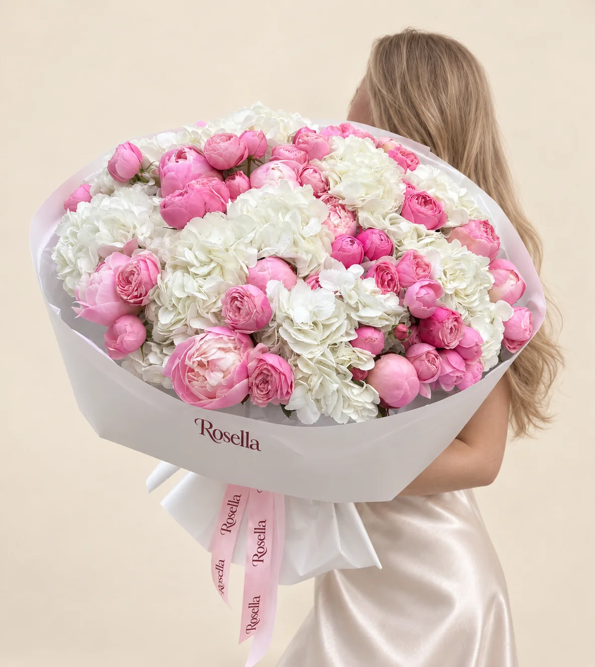 13 hydrangeas, 15 peonies & 37 spray roses in a hand-tied bouquet