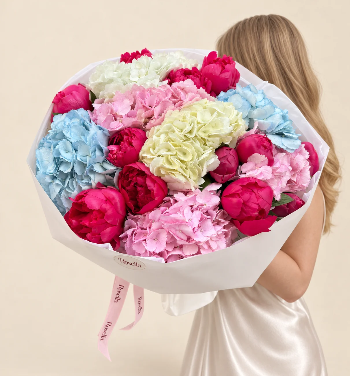 15 peonies, 3 pink hydrangeas, 2 blue hydrangeas, 1 white hydrangea & 1 green hydrangea in a hand-tied bouquet