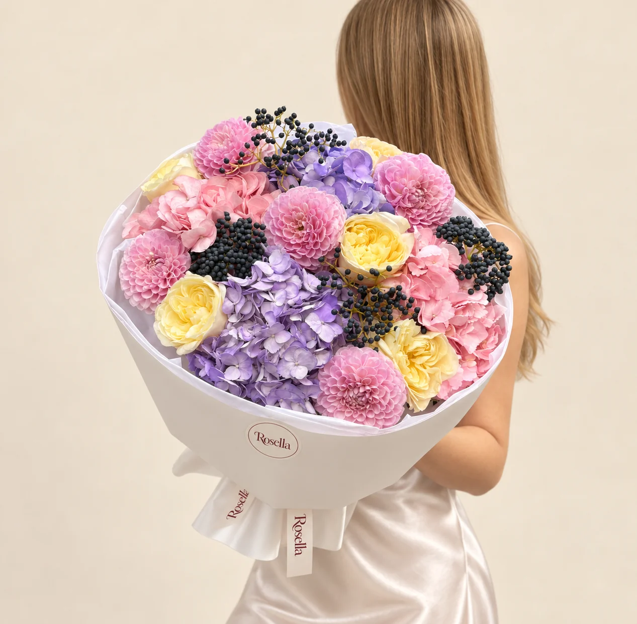 6 dahlias, 6 garden roses, 2 pink hydrangeas & 2 lavender hydrangeas in a hand-tied bouquet