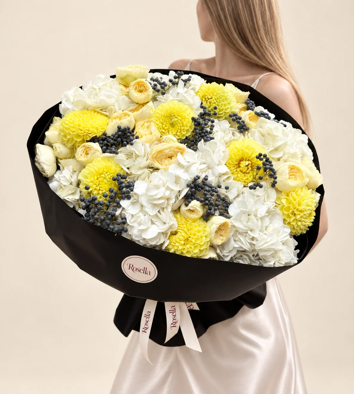 24 garden roses, 8 hydrangeas & 8 dahlias in a hand-tied bouquet