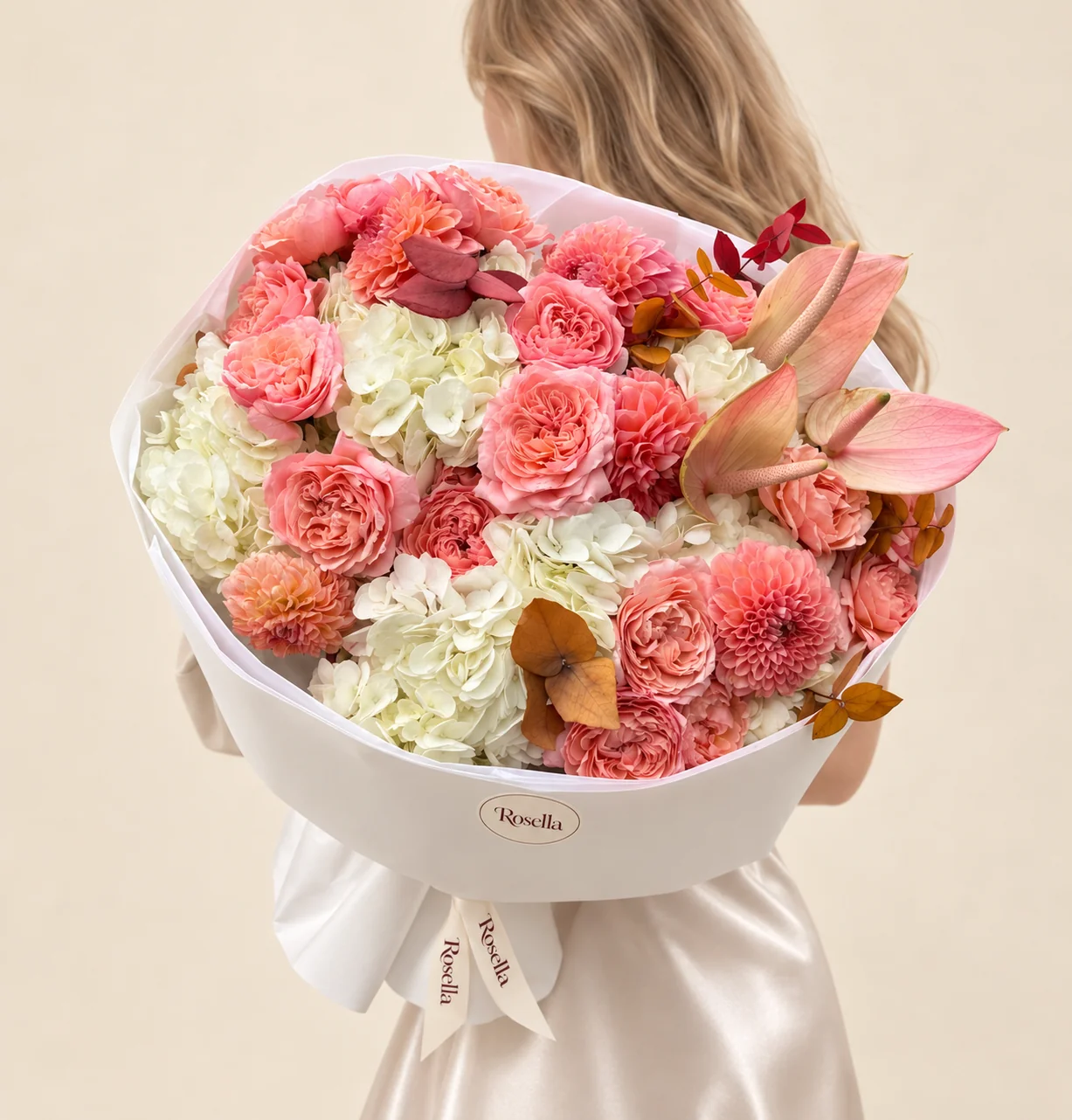20 garden roses, 7 hydrangeas, 6 dahlias & 3 anthuriums in a hand-tied bouquet