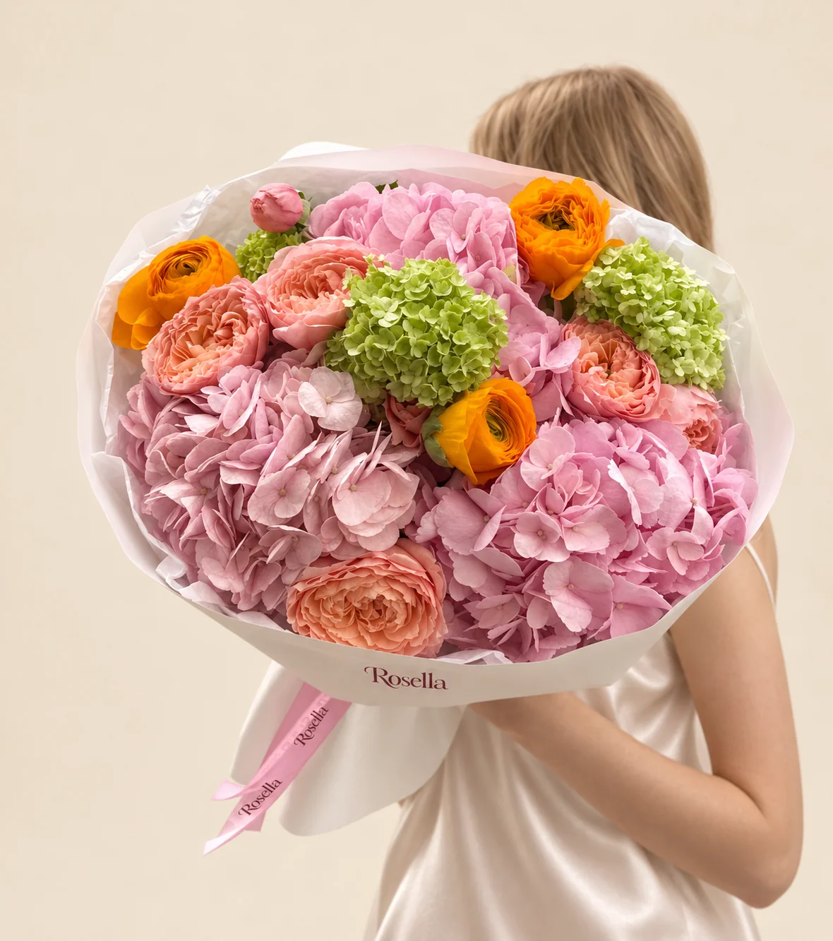 8 garden roses, 3 pink hydrangeas, 3 green hydrangeas & 3 ranunculus in a hand-tied bouquet