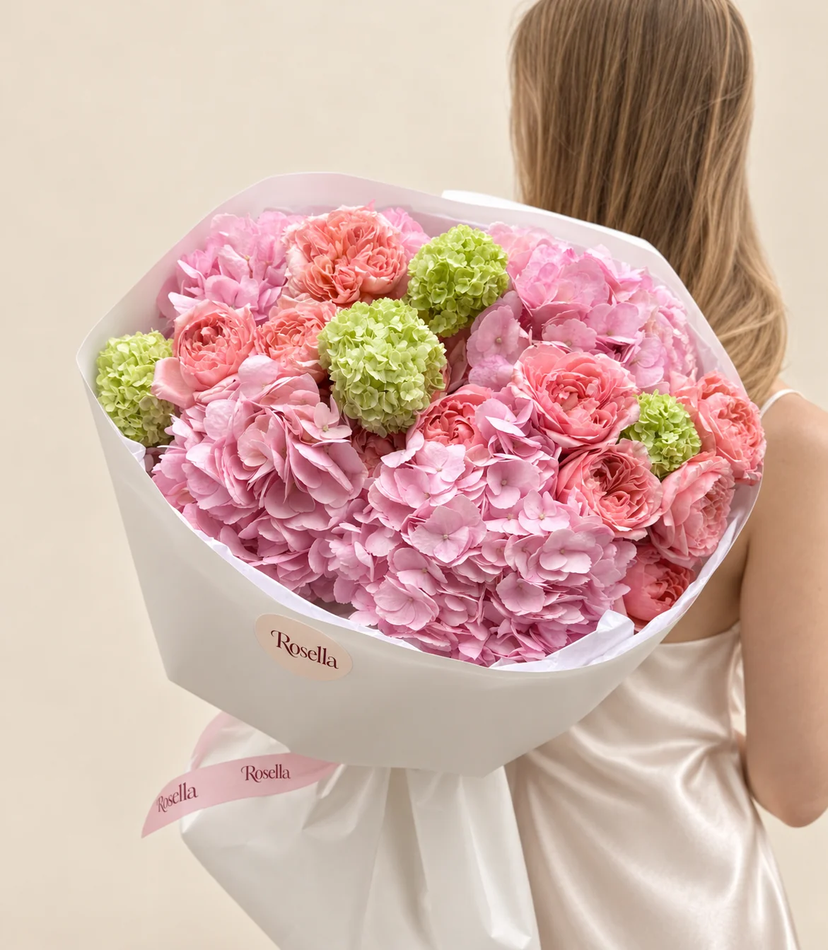 12 garden roses, 5 hydrangeas & 4 lime-green snowball viburnum in a hand-tied bouquet