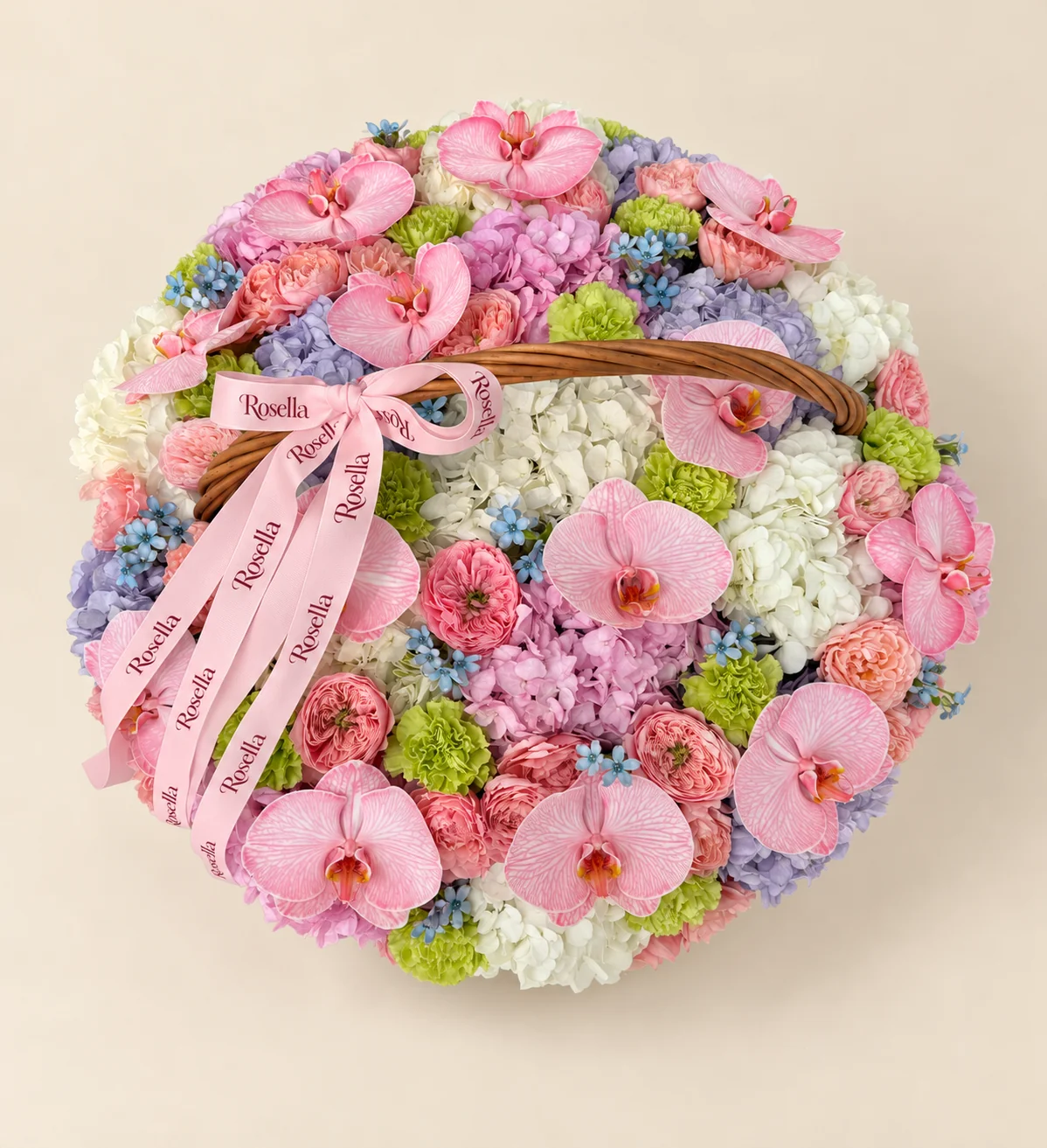 24 peach garden roses, 7 white hydrangeas, 6 lavender hydrangeas, 5 pink hydrangeas, 18 carnations, 14 orchid blooms, 70 tweedia blooms & 4 pink garden roses in a basket