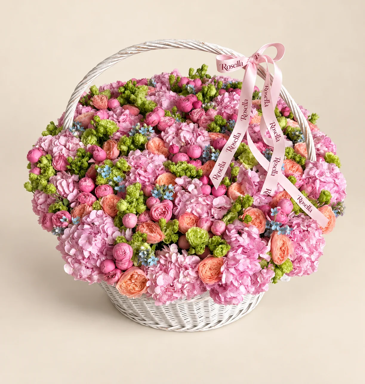 22 hydrangeas, 29 garden roses, 78 spray roses, 78 lisianthus blooms & 80 tweedia blooms in a basket