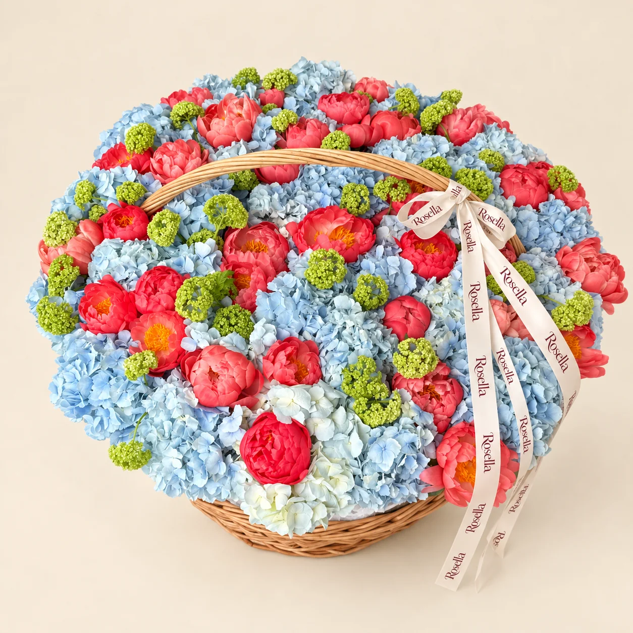 30 blue hydrangeas, 38 peonies & 2 white hydrangeas in a basket