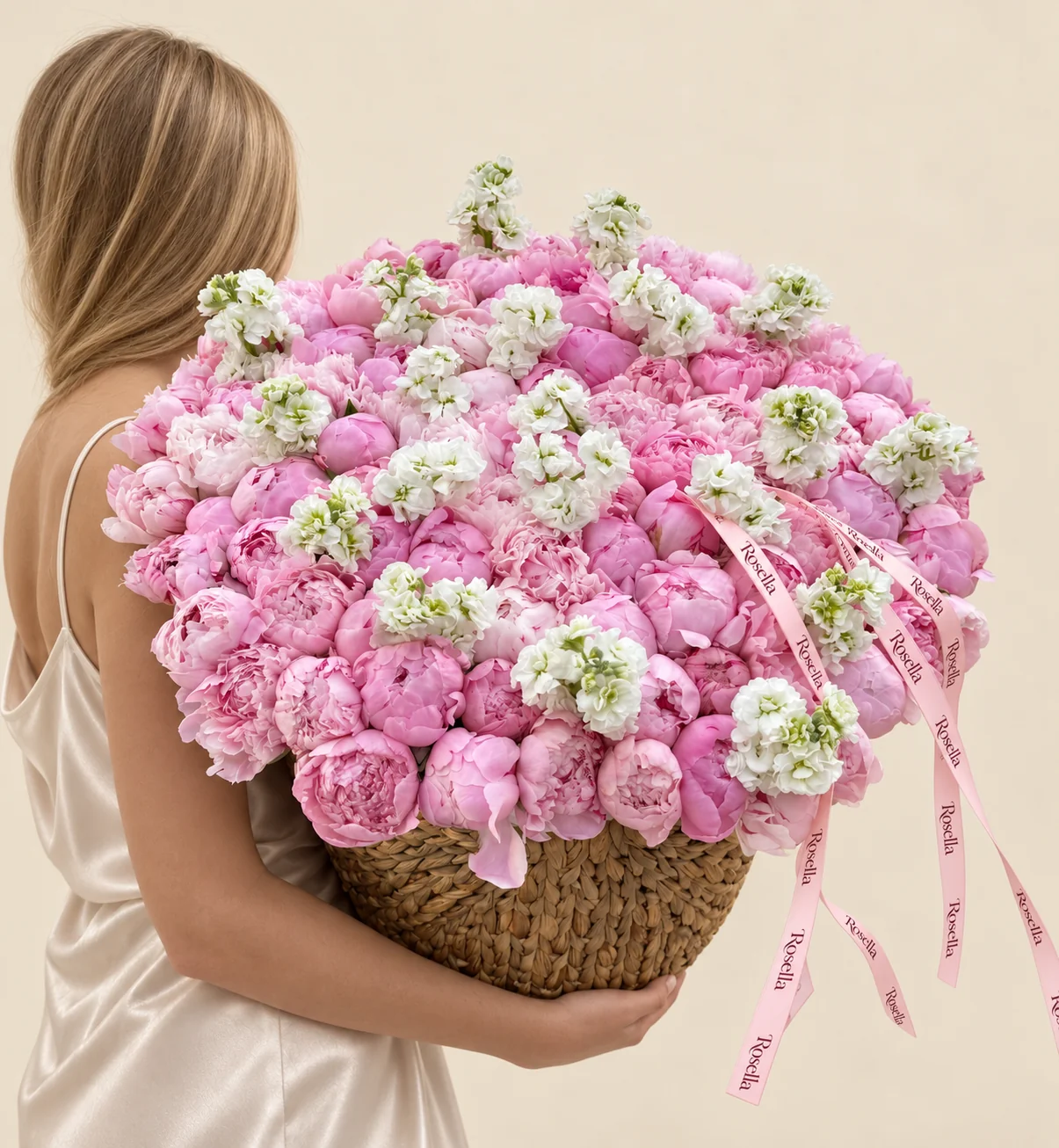 110 peonies & 15 stocks in a basket