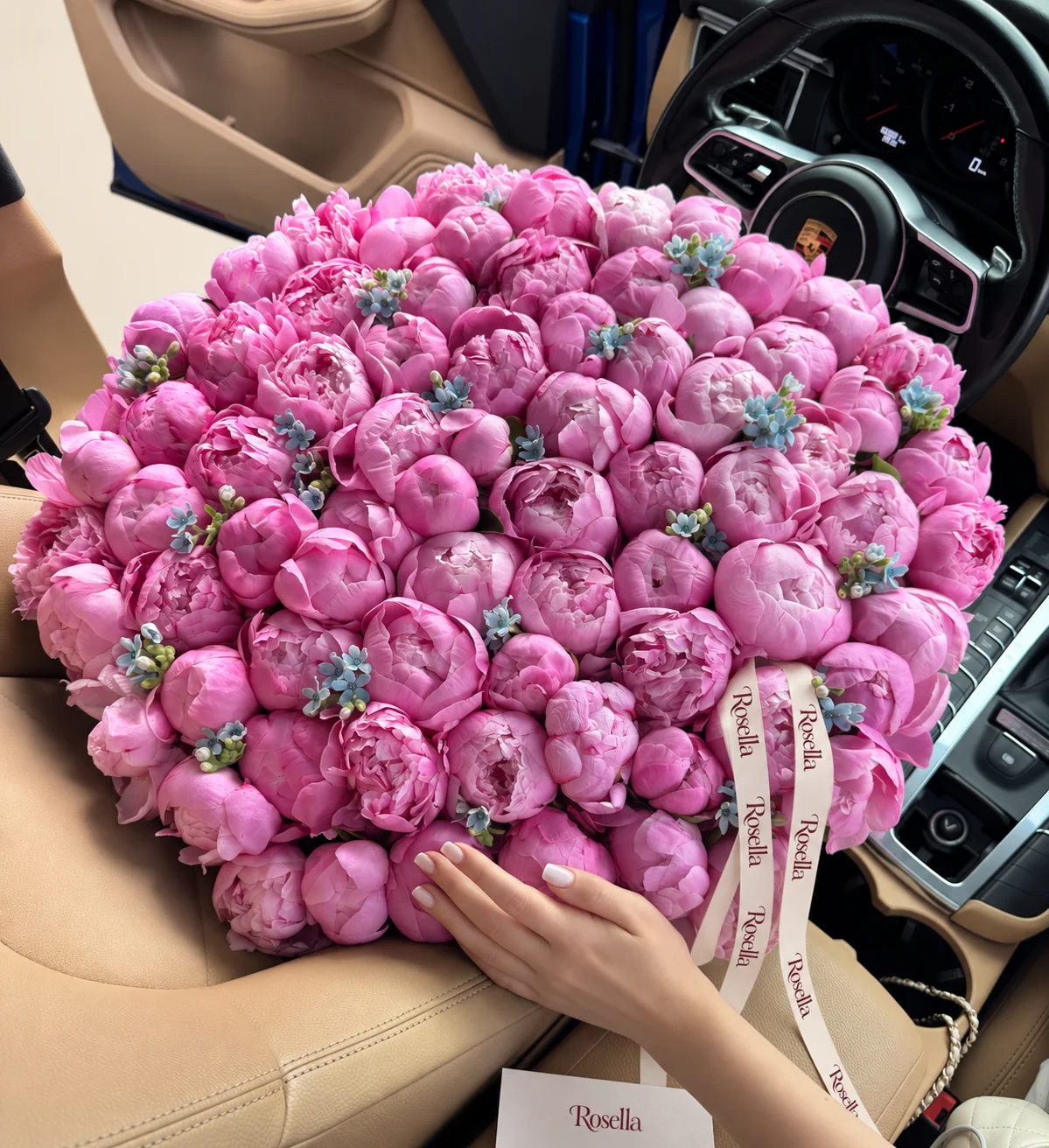 90 peonies & 105 tweedia blooms in a basket
