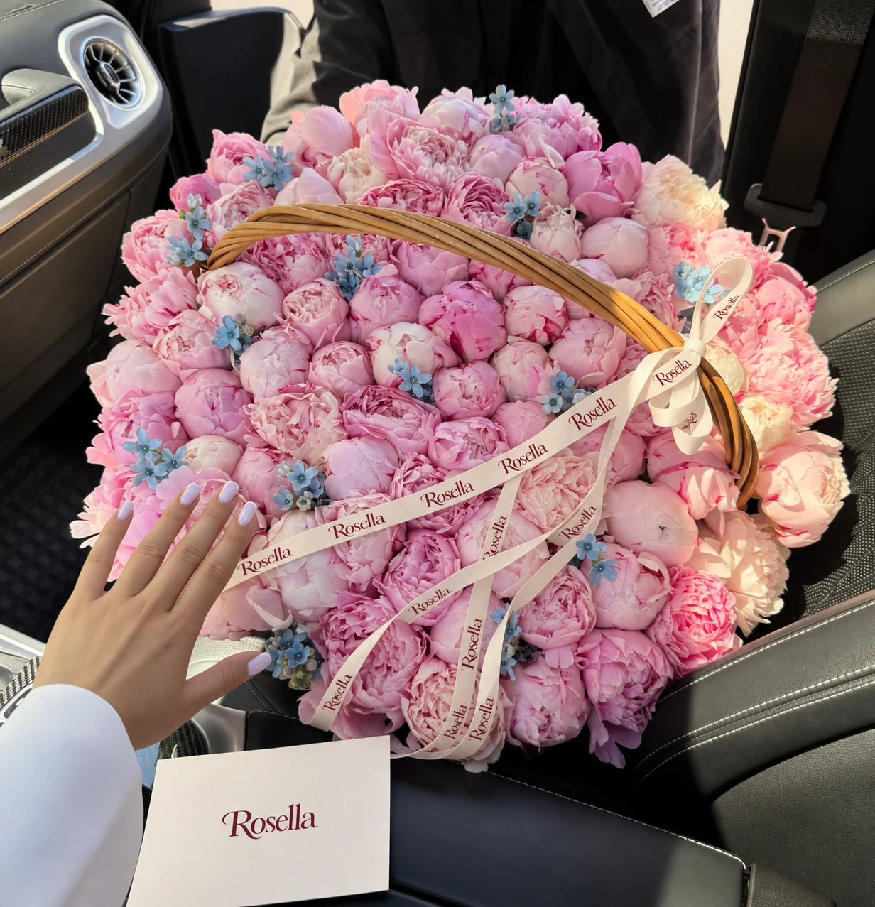 105 peonies & 65 tweedia blooms in a basket