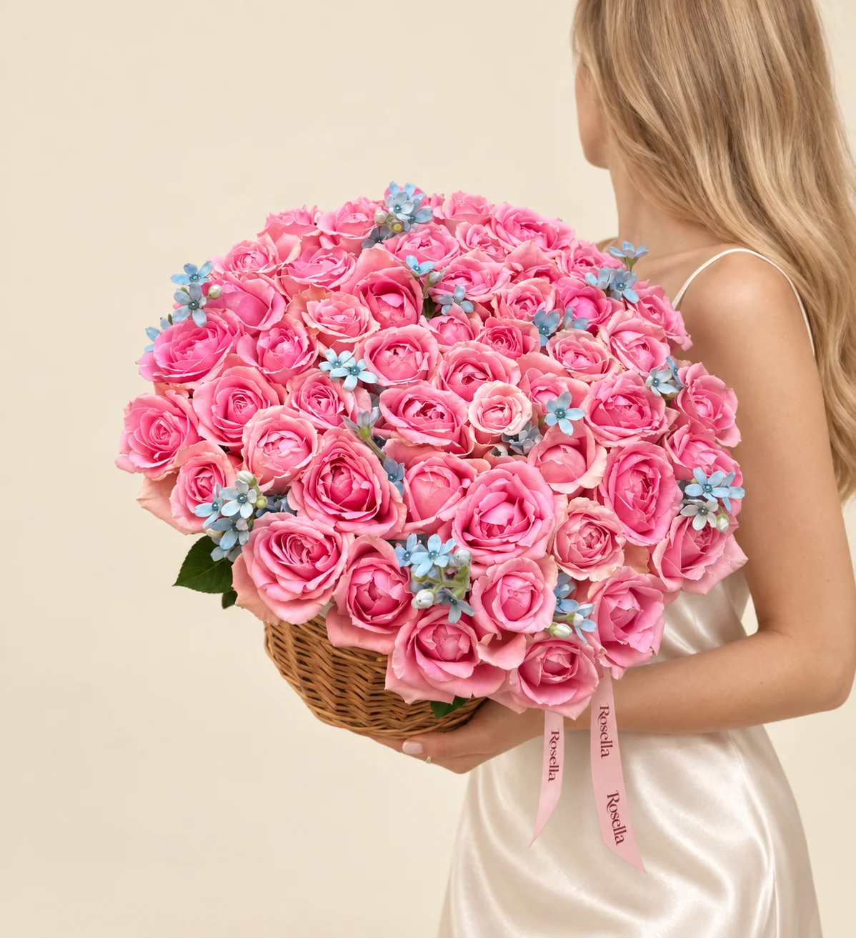 65 roses & 43 tweedia blooms in a basket