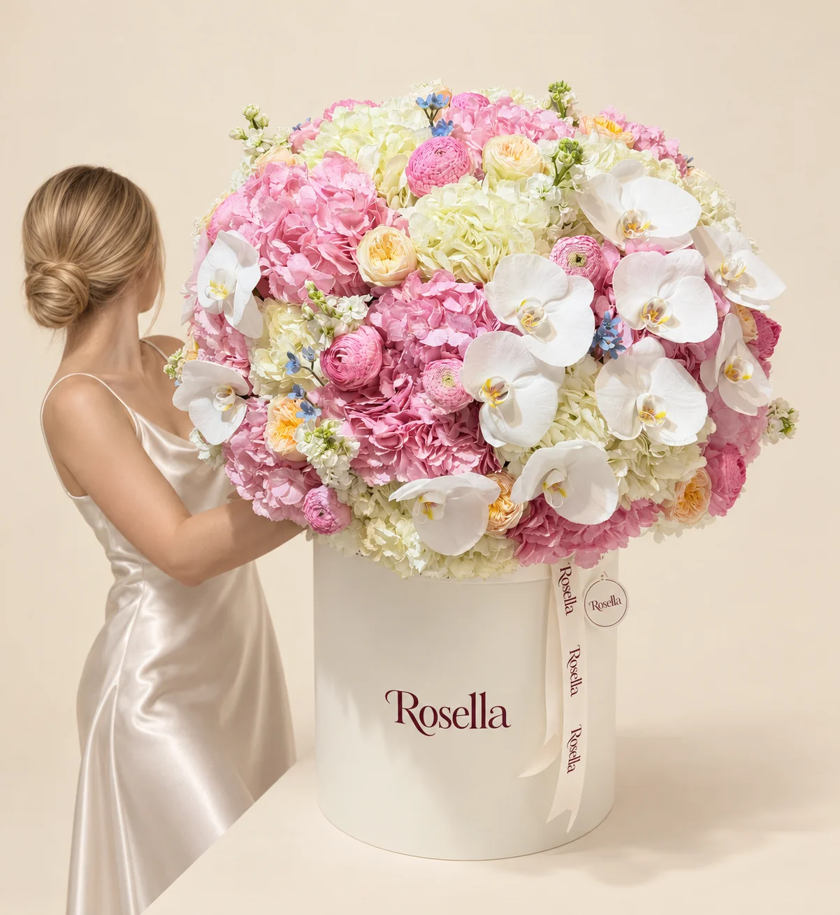14 pink hydrangeas, 12 white hydrangeas, 13 garden roses, 13 orchid blooms, 10 ranunculus, 3 stocks & 25 tweedia blooms in a round box