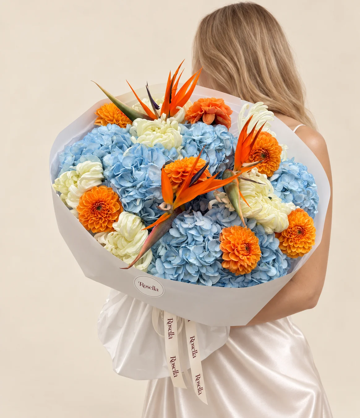 7 hydrangeas, 7 dahlias, 8 chrysanthemums & 3 bird of paradise (strelitzia) in a hand-tied bouquet