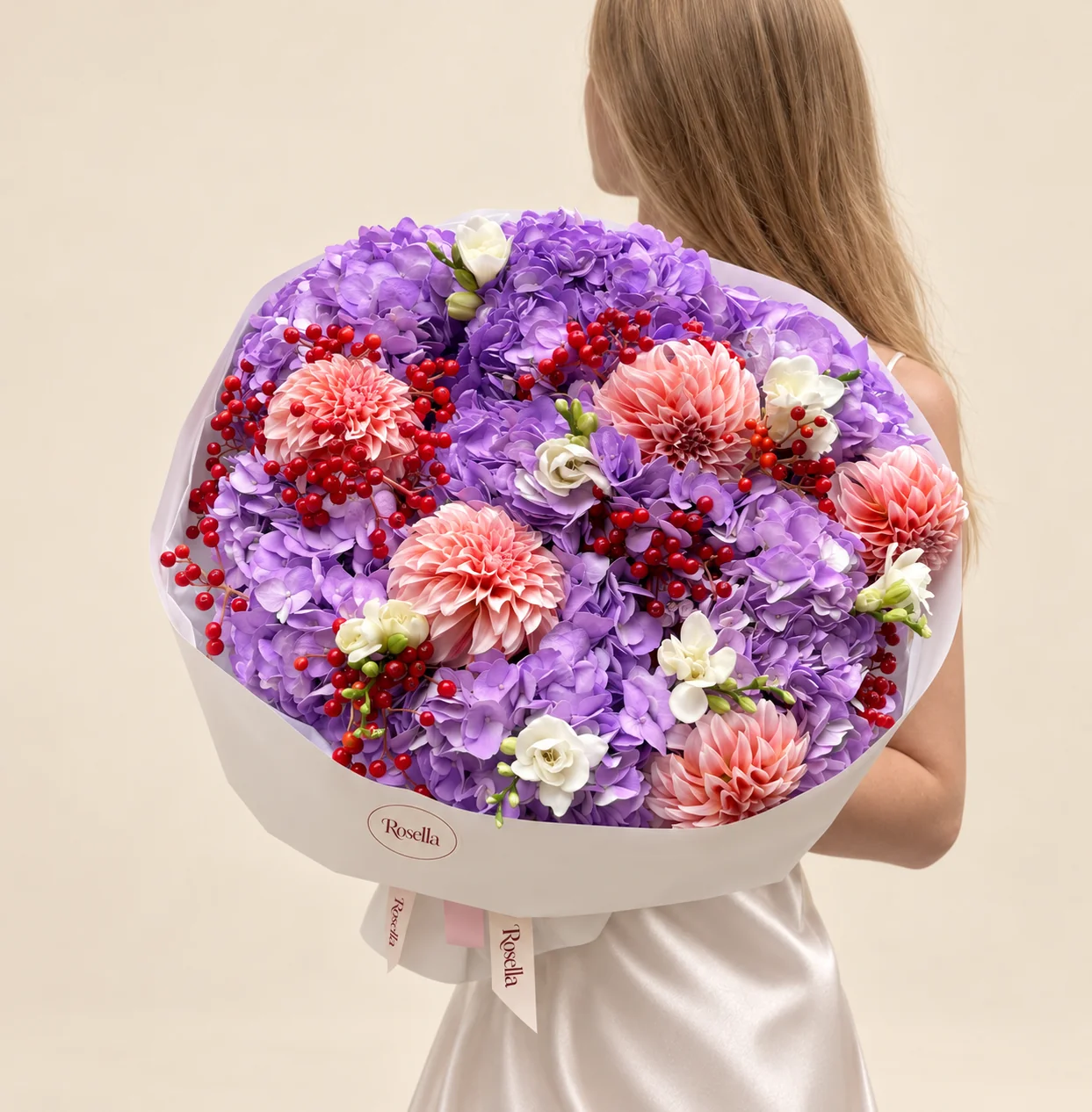 10 hydrangeas, 5 dahlias & 4 freesias in a hand-tied bouquet