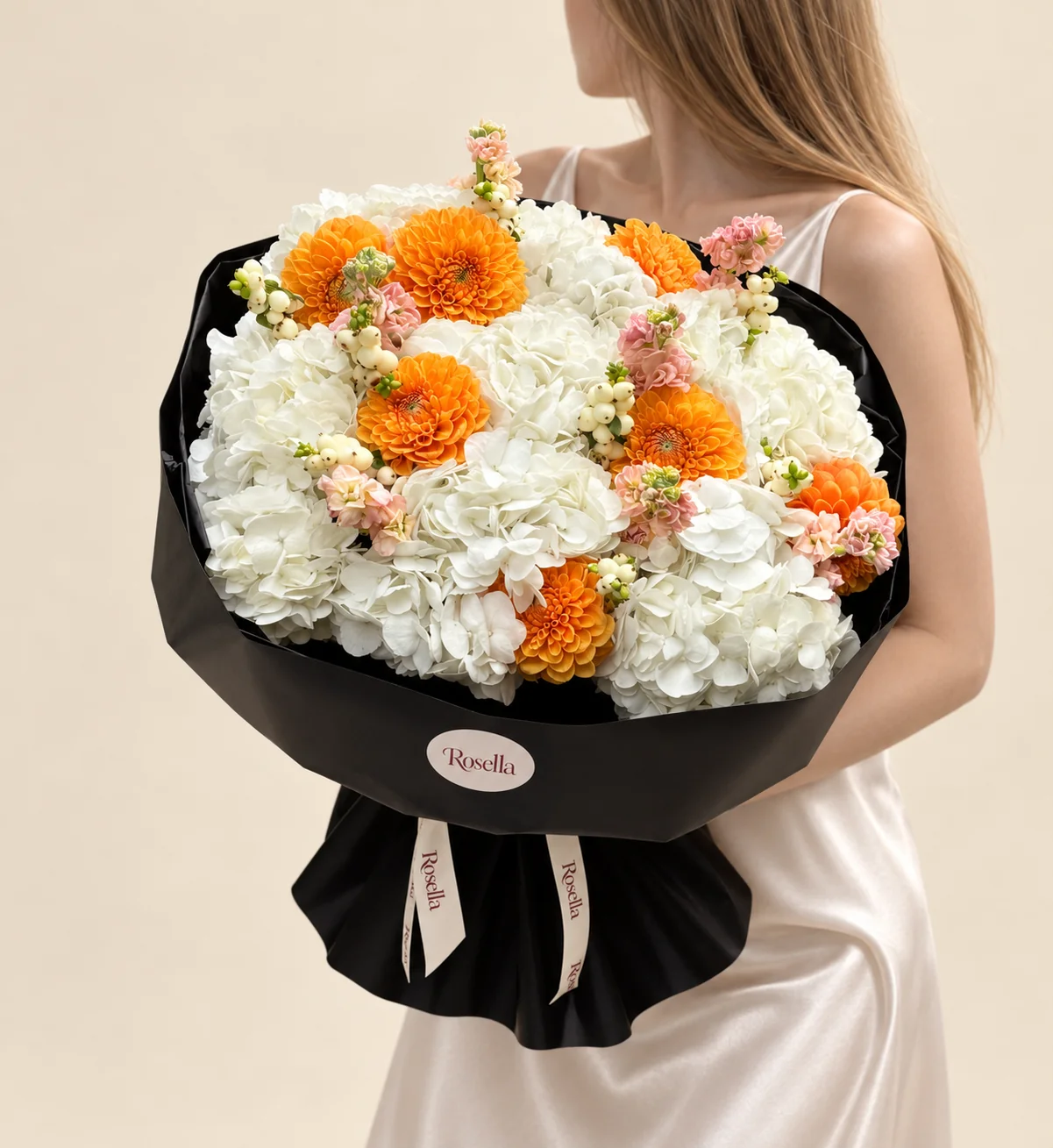 10 hydrangeas, 7 dahlias & 3 stocks in a hand-tied bouquet