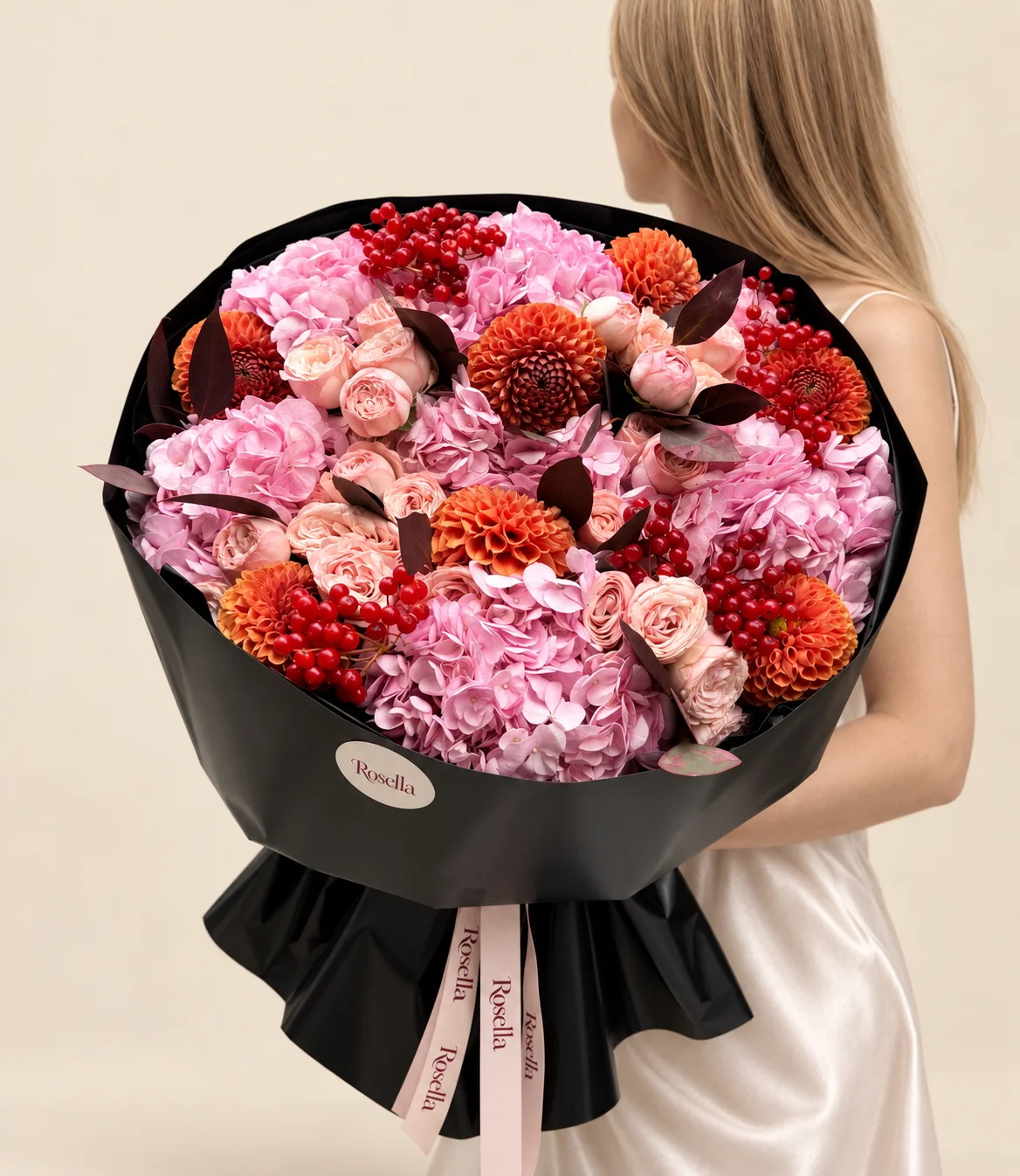 7 hydrangeas, 8 dahlias & 28 spray roses in a hand-tied bouquet