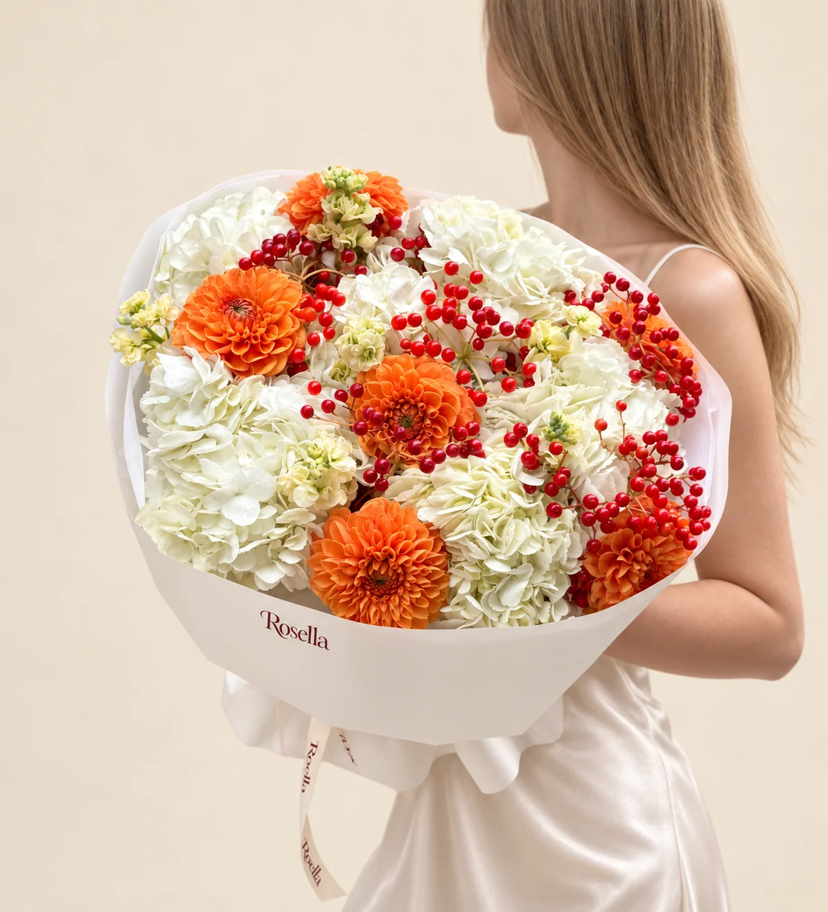 7 hydrangeas, 7 dahlias & 4 stocks in a hand-tied bouquet
