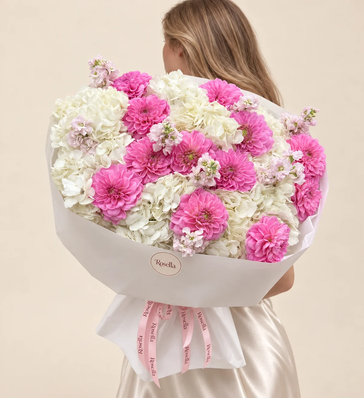 10 hydrangeas, 14 dahlias & 5 stocks in a hand-tied bouquet
