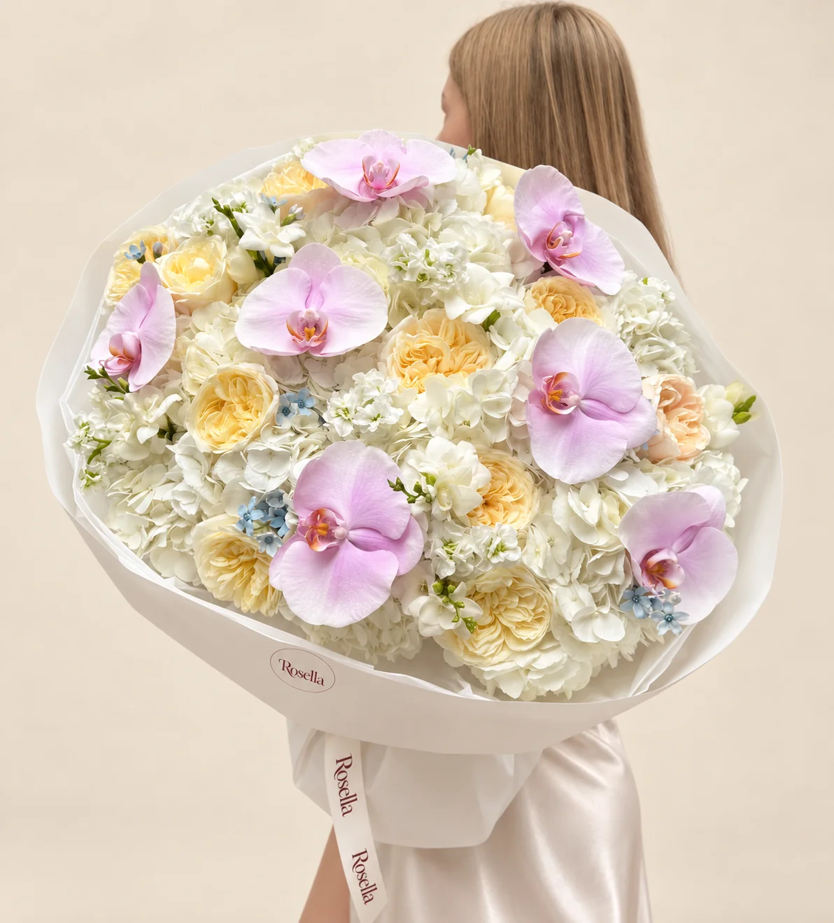 8 hydrangeas, 12 cream garden roses, 7 orchid blooms, 2 stocks, 3 freesias, 14 tweedia blooms & 1 peach garden rose in a hand-tied bouquet