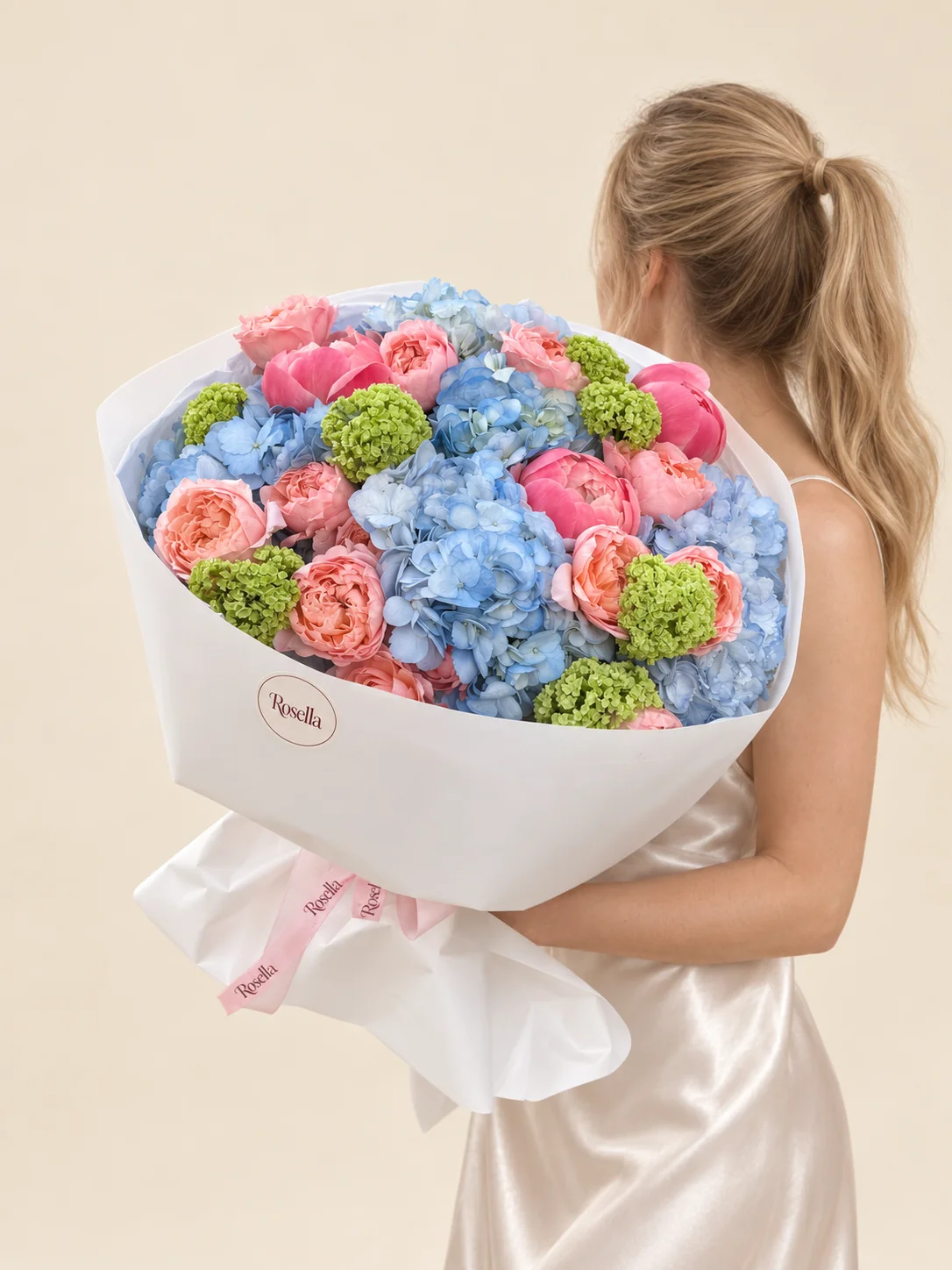 7 hydrangeas, 15 garden roses & 4 peonies in a hand-tied bouquet