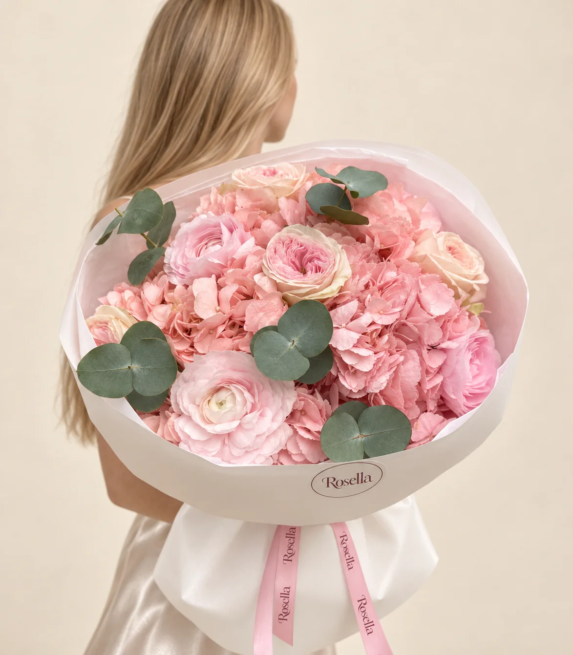 3 hydrangeas, 4 garden roses & 3 ranunculus in a hand-tied bouquet