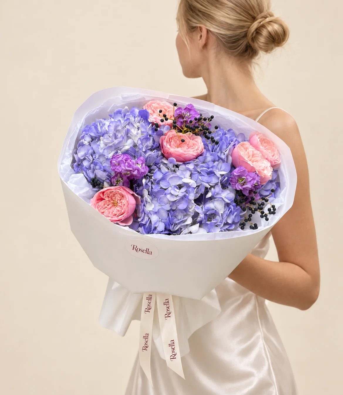 3 hydrangeas, 5 garden roses & 2 stocks in a hand-tied bouquet